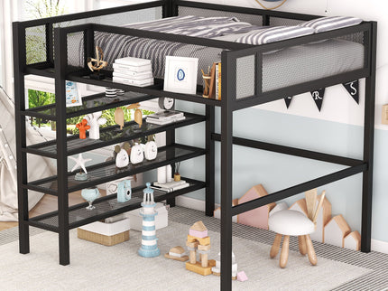 Loft Bed With 4 Tier Shelves And Storage