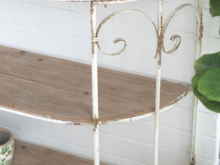 3 Tiered Wooden Shelving Unit With Ornate Iron Frame - Multicolor