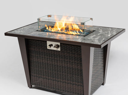 Fire Pit Table, Glass Wind Guard And Rain Cover, Lid - Brown