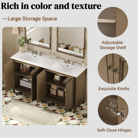 Vintage Double Sink Bathroom Vanity Set With Ceramic Sinks