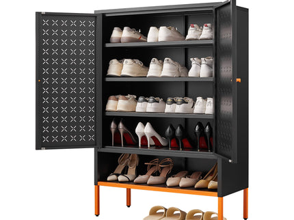 Grid Double Door Shoe Cabinet With Adjustable Compartments And Moisture-Proof Design In Metal