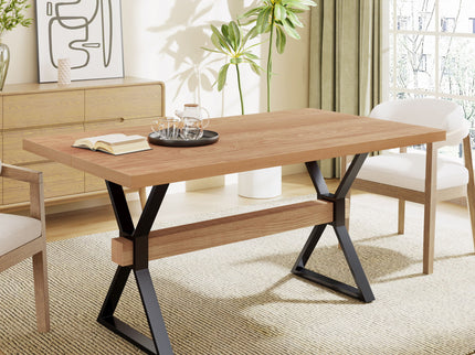 Farmhouse Style X Shaped Legs Dining Table With Metal - Natural