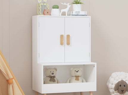 Toy Storage Cabinet With Doors And Open Shelf, Toddler Bookshelf For Playroom - White