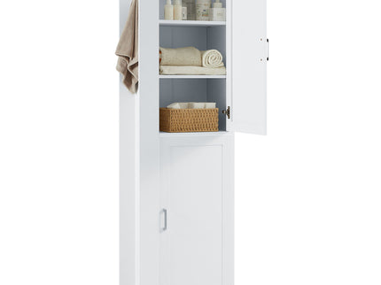 Tall Freestanding Bathroom Storage Cabinet With Adjustable Shelves And Side Hooks