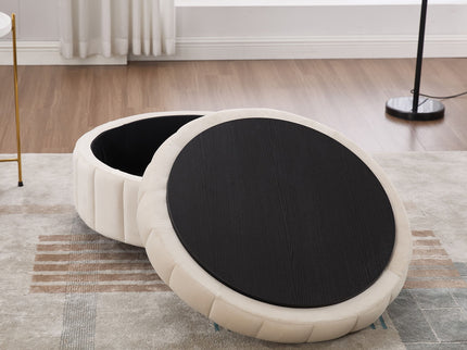 Upholstered Round Ottoman With Reversible Lid, Channel Tufted Pumpkin Shape
