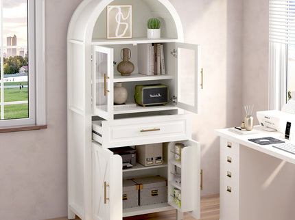 Arched Kitchen Pantry Cabinet With Adjustable Shelves & Barn Door Design
