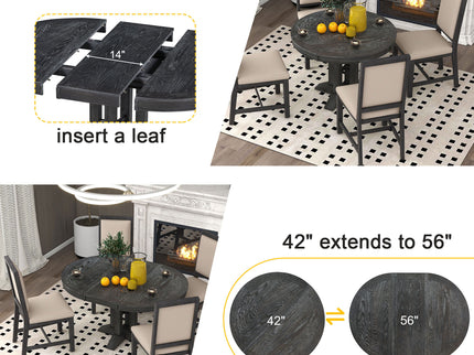 Dining Set & Extendable Round Table And 4 Upholstered Chairs