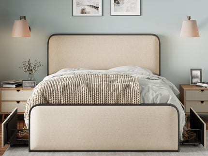 Modern Bed With Curved Upholstered Headboard And Footboard, Heavy Duty Metal Slats