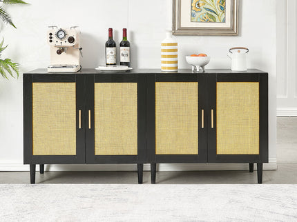 Side Panel Buffet Cabinet With Natural Rattan Door, Rattan Storage Cabinet With Adjustable Shelves, Side Panel And Buffet With Storage Space, Modern Console Cabinet In Bedroom And Living Room - Black / Beige