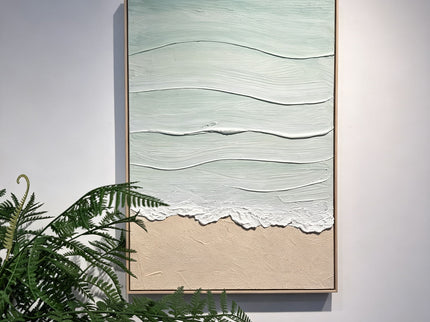 Framed Beach Wall Art, Textured Canvas Painting, Neutral Ocean Decor For Living Room - Beige / Blue