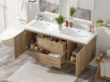 Double Sink Bathroom Vanity, Cabinet & Soft Close Doors, Divided Drawers, Wall Mounted Storage - Wood