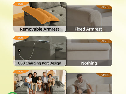 U-Shaped Sleeper Sofa With Pull Out Bed, Removable Armrests & USB Ports For Living Room