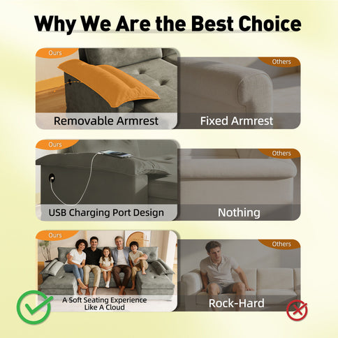 U-Shaped Sleeper Sofa With Pull Out Bed, Removable Armrests & USB Ports For Living Room