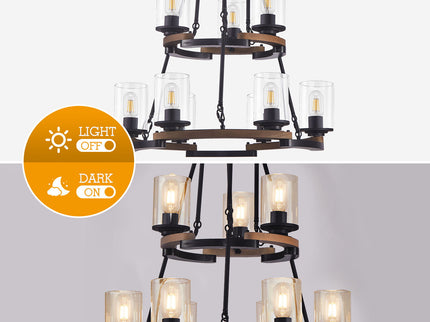 Wagon Wheel Chandelier, Ceiling Light With Adjustable Height - Black / Brown