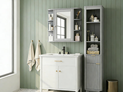 Bathroom Wall Storage Cabinet With Mirror And Adjustable Shelf, 6 Open Shelves