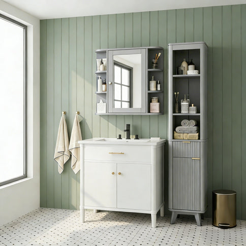 Bathroom Wall Storage Cabinet With Mirror And Adjustable Shelf, 6 Open Shelves