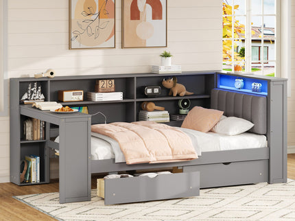 Platform Bed With Upholstered Headboard, Storage Shelves, Drawers, Charging Station, LED Lighting, Built In Desk