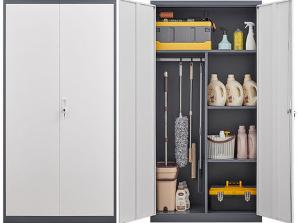 Wardrobe With Hanging Rod And Compartments, Lockable Closet With Locks & Keys For Bedroom - Gray