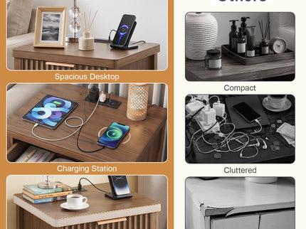 Nightstand, Bedside Table With Built In Charging Station (Set of 2) - Walnut