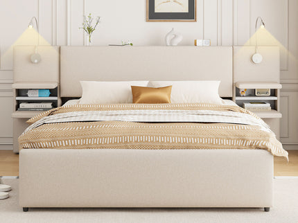 Upholstered Platform Bed With Reading Lights, Drawers, Trundle And Shelves