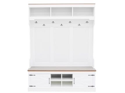 Hall Tree With Bench And Shoe Storage, 5 In 1 Entryway Organizer Cabinet With Coat Rack, 4 Shoe Cubbies & 7 Hooks - White
