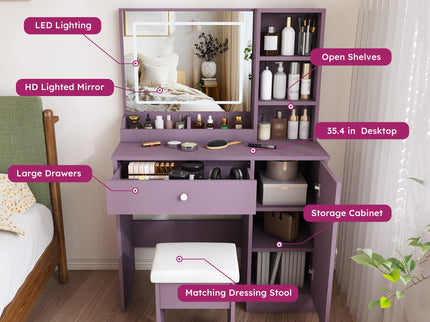 Vanity Desk Set With Padded Stool & Adjustable LED Mirror, 3 Color Mode Lighting, Compact For Bedroom - Purple