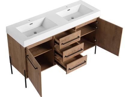 60" Freestanding Bathroom Vanity With Double Sink, Soft Close Doors, 3 Drawers - Imitative Oak