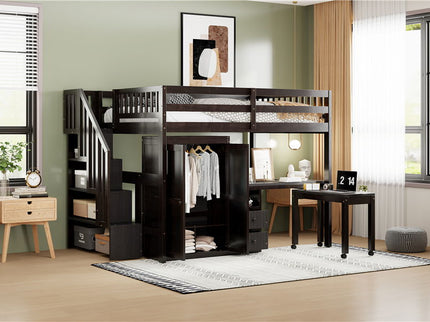 Loft Bed With Stairs, Bookshelf, Drawers, Desk & Wardrobe, Space Saving Multifunctional Furniture