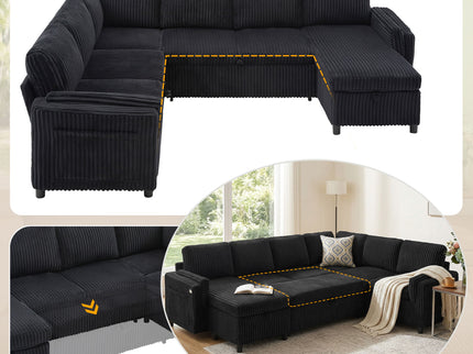 Convertible U-Shaped Sectional Sofa Bed With USB Ports And Storage