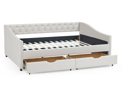 Upholstered Tufted Daybed With Drawers, Waved Arms