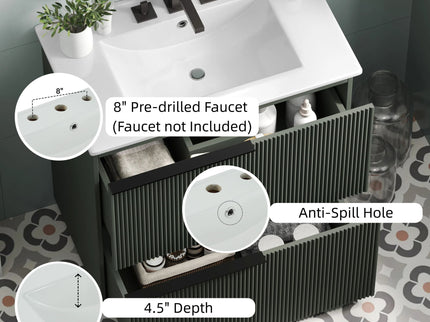Fluted Bathroom Vanity With Ceramic Sink, Soft Close Slides