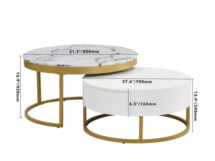 Round Nesting Coffee Table With Drawers - Golden / White