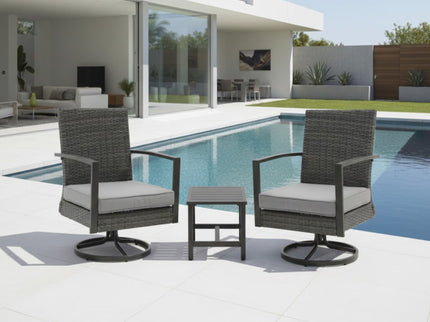 3 Piece Patio Furniture, Swivel Rocker Bistro Set With Side Table & Cushions For Porch - Gray