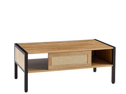 40.16" Rattan Coffee Table, Sliding Door For Storage, Metal Legs, Modern Table For Living Room