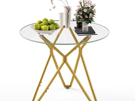 Modern Round Tempered Glass Dining Table With Sturdy Metal Legs For 1 - 4 People - Gold
