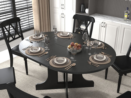 Dining Table For Farmhouse Kitchen Expandable Oval Table Top With Removable Leaf Trestle X Shaped Base - Black