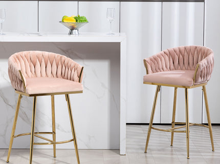 Counter Height Bar Stools Kitchen Island Counter Bar Stool With Hand - Wave Back, Golden Chromed Base And Footrest (Set of 2) - Pink