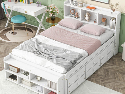 Bed With Bookcase Headboard, Under Bed Storage Drawers And Bed End Storage Case