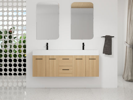 Floating Double Sink Bathroom Vanity With Drawers And Doors, Extra Large Storage, Integrated Sink, Soft Close Hardware - Glossy White / Light Oak