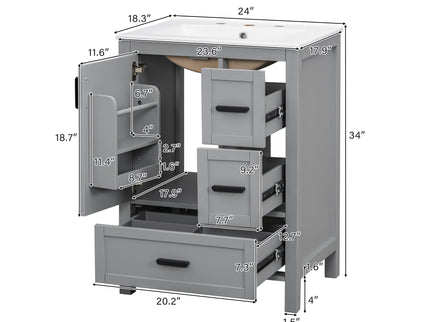 Bathroom Vanity With Sink, Soft Close Door, Double Layer Door Shelf And 3 Drawers - Gray