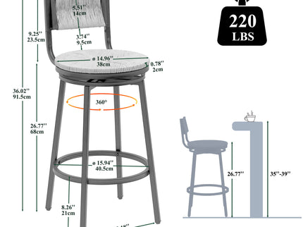Bar Stools Swivel Counter Chairs With Metal Frame Hand Woven Paper Rope Dining Barstools For Kitchen Counter (Set of 2)