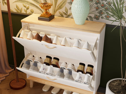 Narrow - Entryway Shoe Storage Cabinet With 2 Flip Drawers Legs - Natural / White