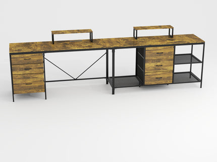 Industrial L Shaped Computer Desk With Power Outlets & USB-C, 6 Fabric Drawers, 3 Open Shelves, Movable Monitor Stands - Brown