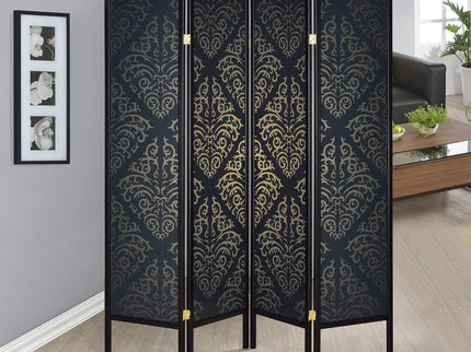 4 Panel Folding Screen With Diamond Scrollwork Motif - Black