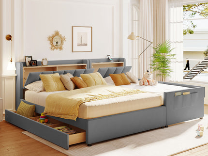 Upholstered Mother & Child Bed With Hydraulic Storage System, Drawer Box, Bedhead Storage Shelf And 2 Pairs Of Sockets & USB Ports
