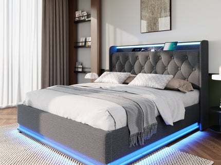 Upholstered Bed, 360 Surround LED Function, Remote Control, Hydraulic Storage Bed With USB, Type-C Charging (Without Mattress)