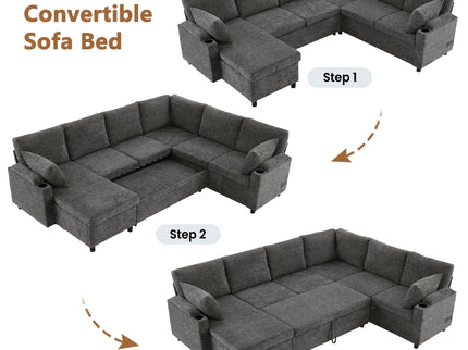 U-Shaped Sectional Sleeper Sofa With Ample Storage Space, 2 Cup Holders And Charging Ports For Living Room