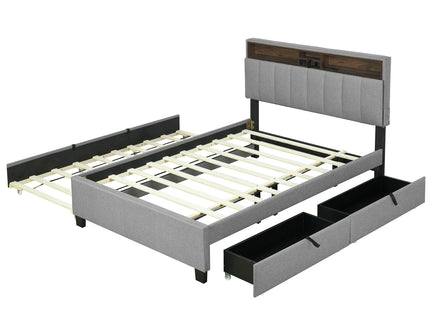 Upholstered Platform Bed With Storage Headboard, Trundle & 2 Drawers And A Set Of Sockets & USB Ports