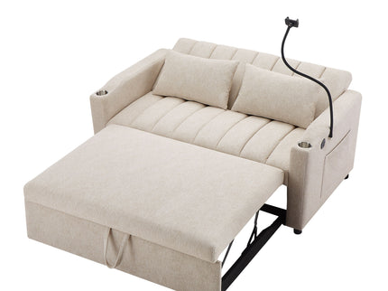 Convertible Sofa Bed Loveseat Sofa With Three USB Ports, Two Side Pockets, Two Cup Holders And 360° swivel Phone Holder For Living Room