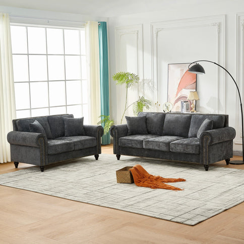 3 Seater Sofa With Tufted Upholstery, Rolled Arms, Nailhead Trim